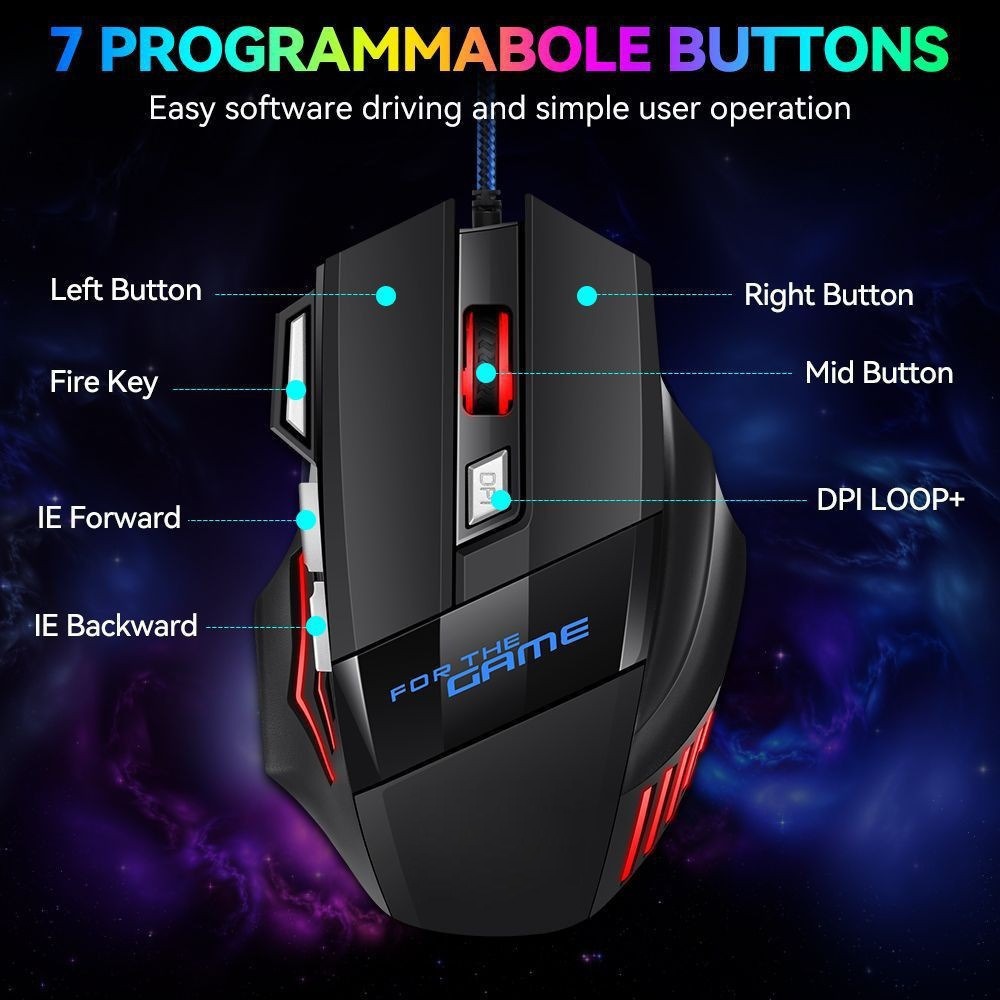 1 PC Hyperspeed USB Gaming Mouse RGB Backlit Ergonomic Gaming Mice 7D Esports Wired Mouse for Laptop PC Gamer