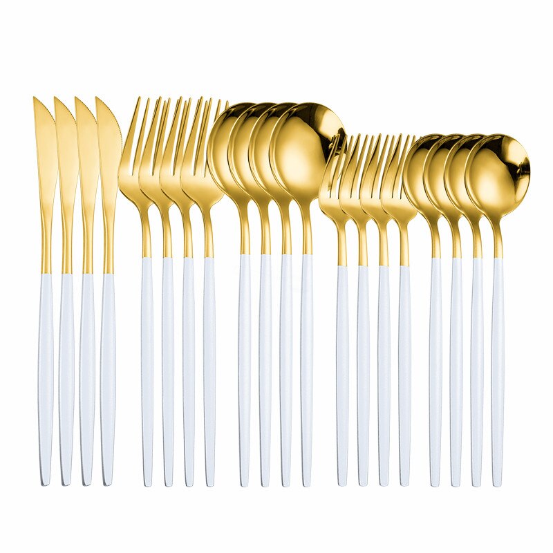 Pink Silver Dinnerware Set Stainless Steel Cutlery Kitchen Dinnerware Tableware Set Forks Western Knives Spoons Cutlery Set 20pc: white gold 20pcs
