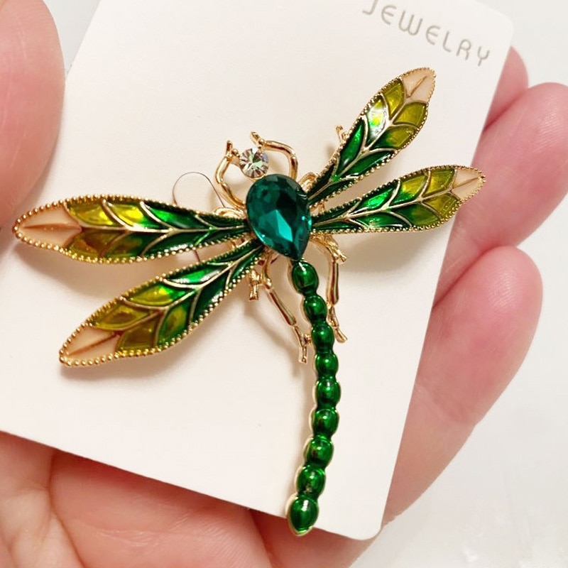 Broches de libélula esmaltados de cristal verde para mujeres y hombres insectos de Metal boda banquete broche de alfileres