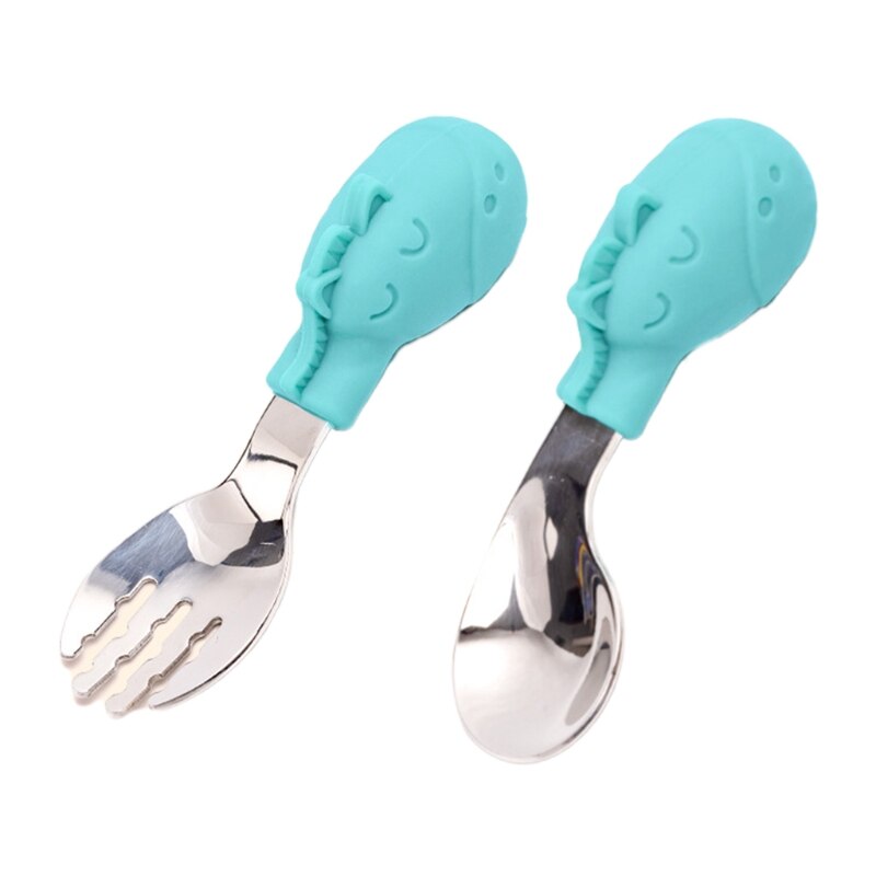 2 piezas de utensilios de acero inoxidable, conjunto de cubiertos, tenedor y cuchara para niños pequeños: Green zebra