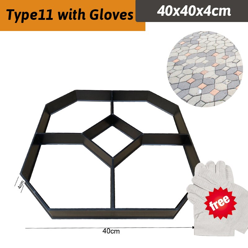 12Type DIY Garden Walk Pavement Mold Reusable Path Maker Concrete Molds Manually Paving Cement Brick Stone Road Concrete Molds: Type11 with Gloves