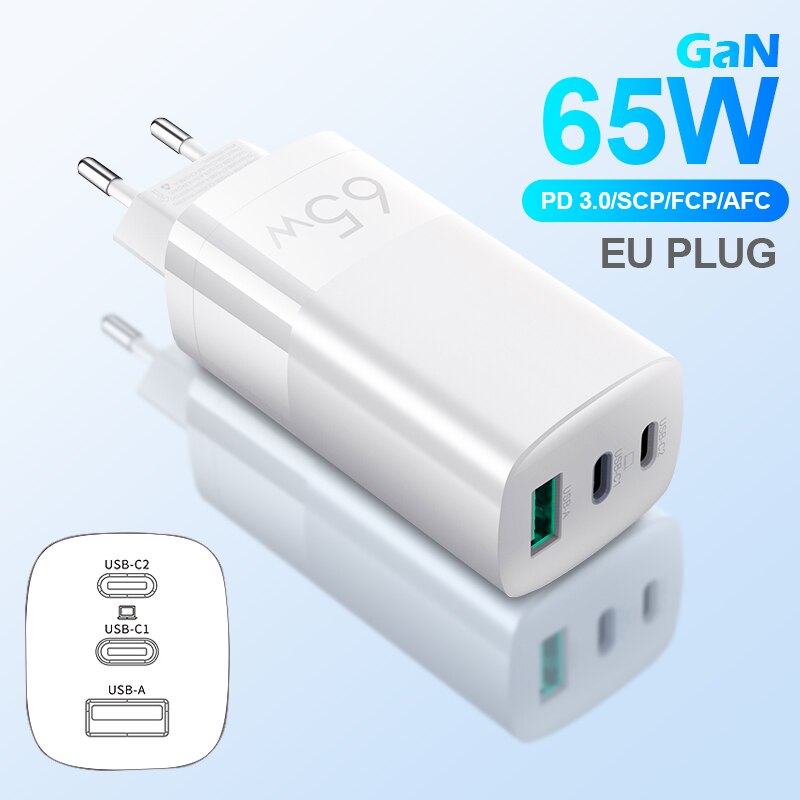 Nohon 65W GaN PD USB C Charger for iPhone Charger Fast Quick Charge Portable Cargador for MacBook Tablet: EU Plug White