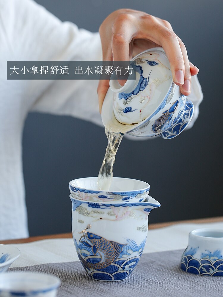 Lovende drage fisk keramisk låg skål te kop blå og hvid porcelæn te skål stor størrelse terrin husholdning kungfu tekop