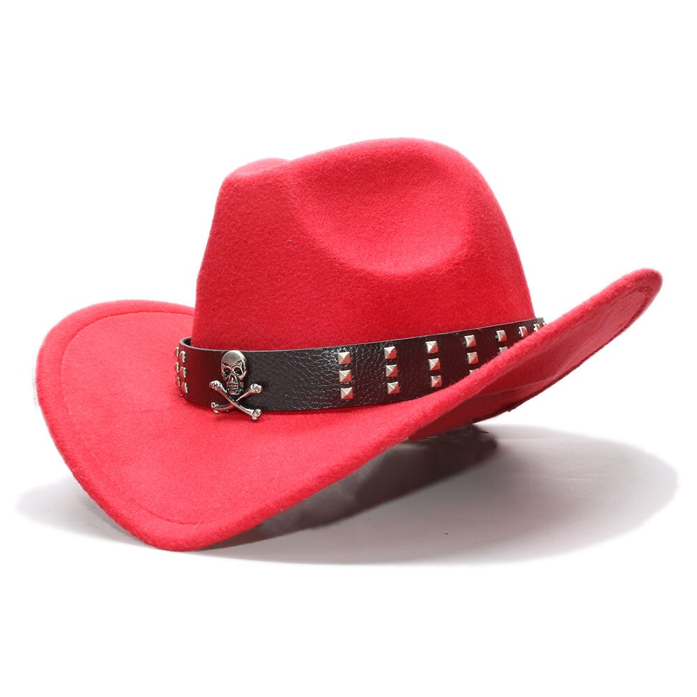 Sombrero de ala ancha de lana para niños, gorra de Fedora, banda de cuero con Calavera, Estilo Vintage Retro, vaquero, Occidental, ajustable, 54cm: Rojo