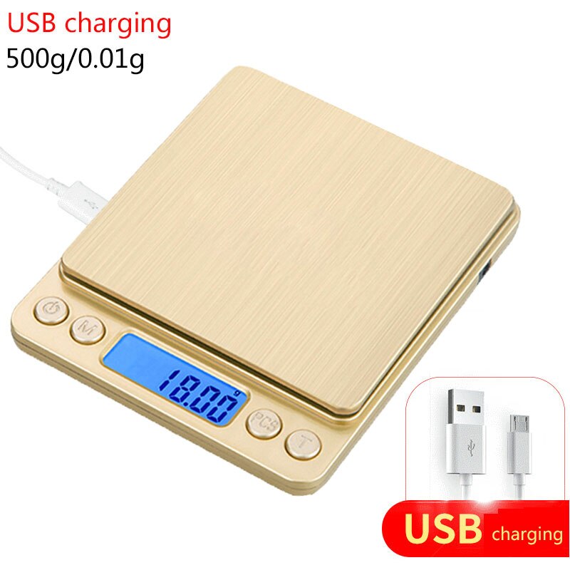 Balança eletrônica digital lcd 3kg/0.1g, usb, balança de pesagem para joias, gramas de joias de alta precisão, balança de peso para cozinha: USB 500g-0.01g gold