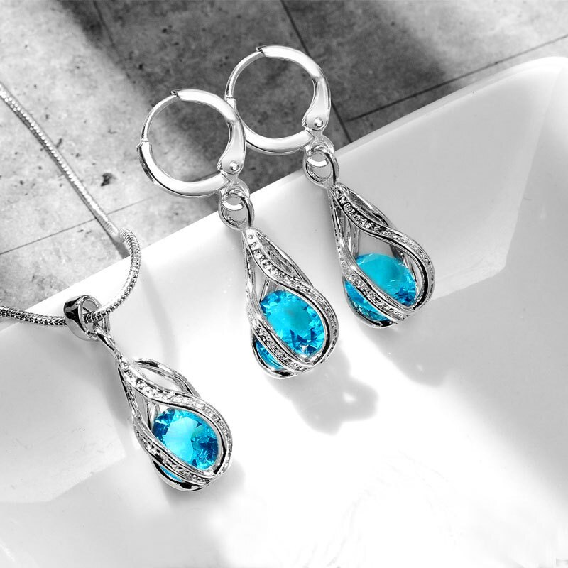 Conjunto de joyería de cristal de arcoíris para mujer, joyería delicada, colgante de Color plateado, pendientes para mujer, collar de cadena de boda geométrico de lujo