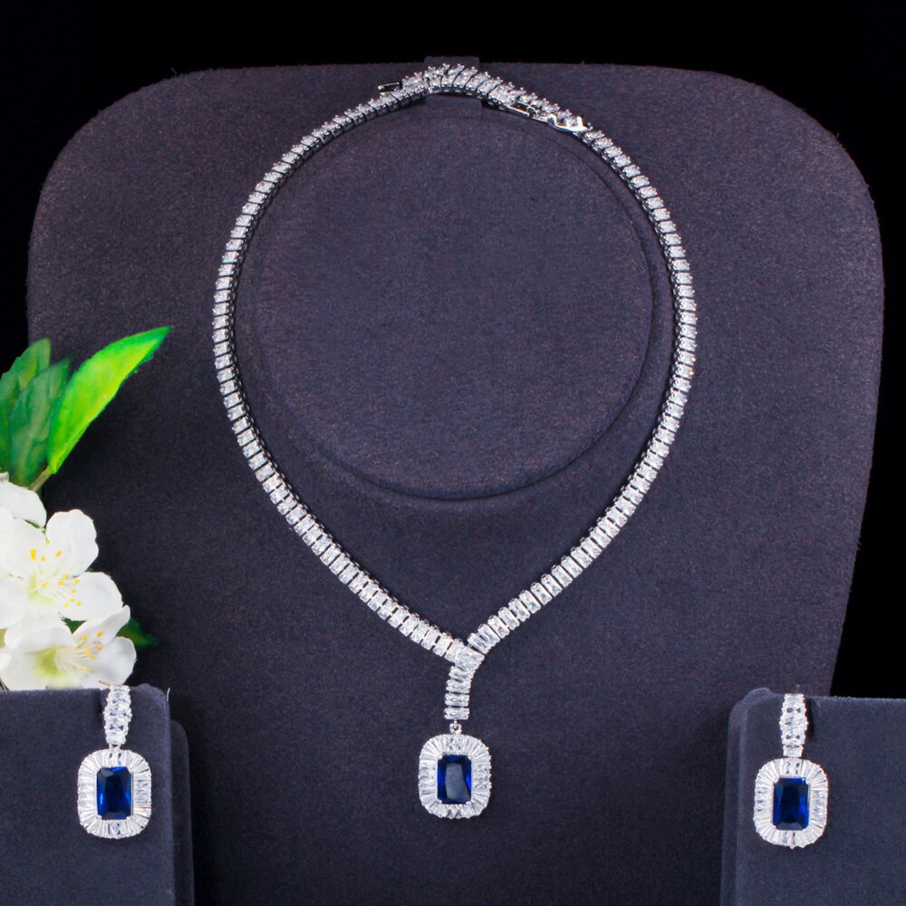 Pera Royal Blue Zirconia Big Dangle Plein Bridal Bruiloft Kostuum Ketting Oorbellen Sieraden Sets Voor Vrouwen J412: Blue