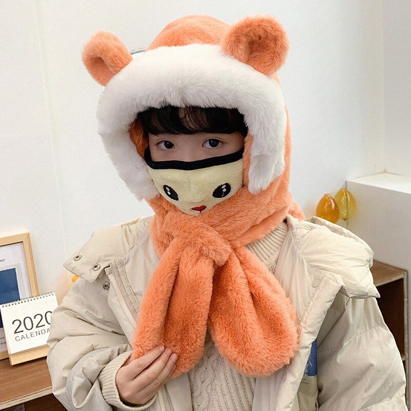 Kindersjaal een muts herfst winter koreaanse versie imitatie konijnenbont babymeisjes warme muts pluche dinosaurussenoren capuchonsjaal: Oor sinaasappel