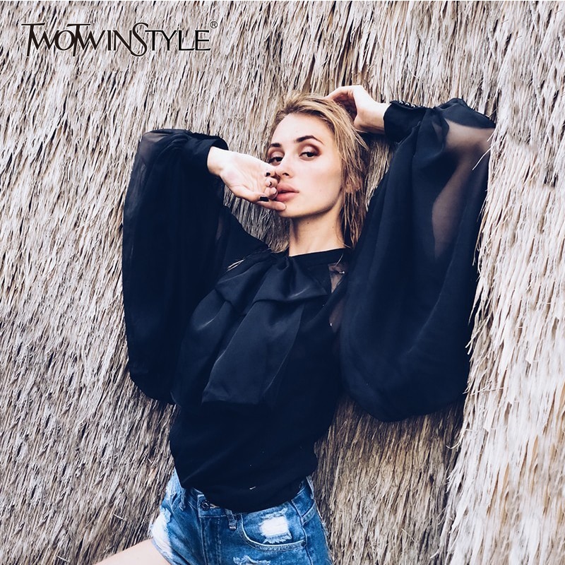 TWOTWINSTYLE perspectiva camisas blusa mujer linterna manga Bowknot encaje blusa Tops mujer ropa nueva