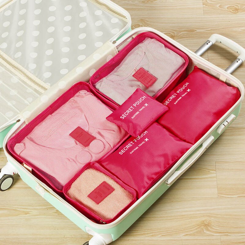 6 stks/set Reistas Voor Kleding Functionele Bagage Organizer Hoge Capaciteit Mesh Verpakking Cubes Reizen Accessoires: Rose Red