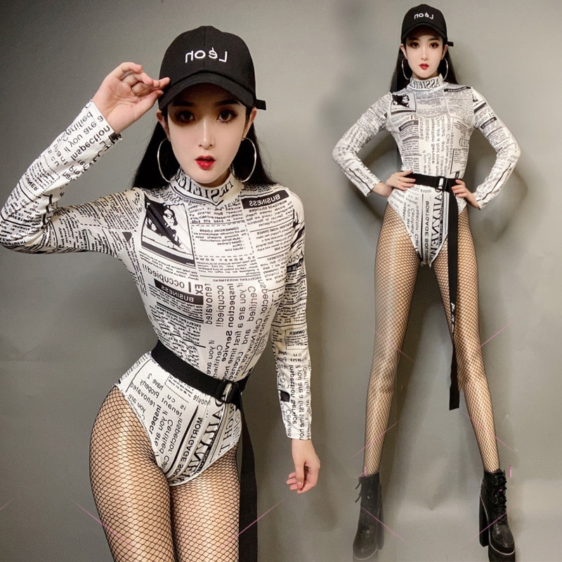 Hip Hop Costumes Adults Print Long Sleeve Bodysuit Women Street Dance Clothes Nightclub Bar Dj Ds Performance Wear DNV13381