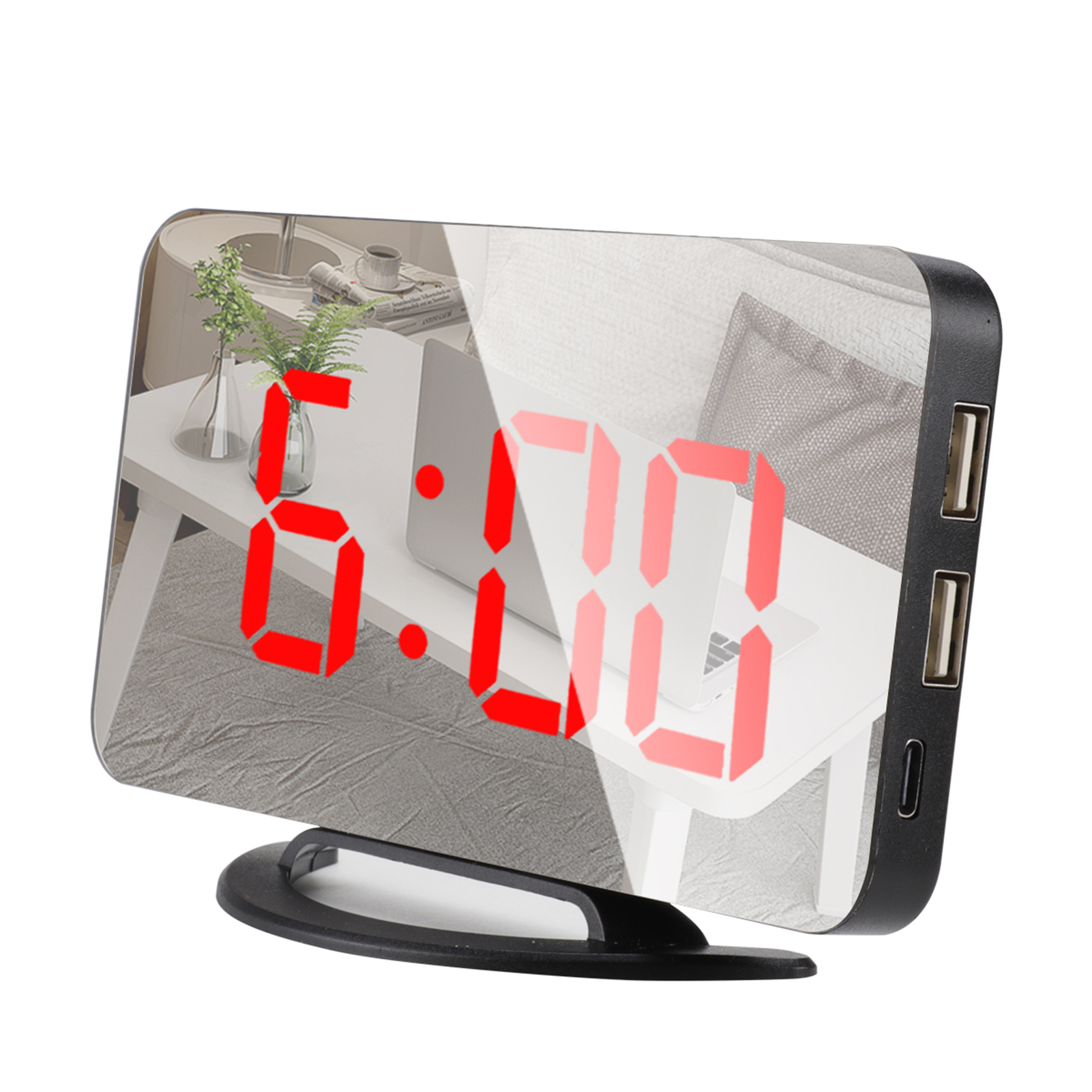 LED Mirror Clock Mini Digital Alarm Clock TS-8201-HB Table Clock with Snooze Function 3 Adjustable Brightness Auto-Adapt: Black  Red font