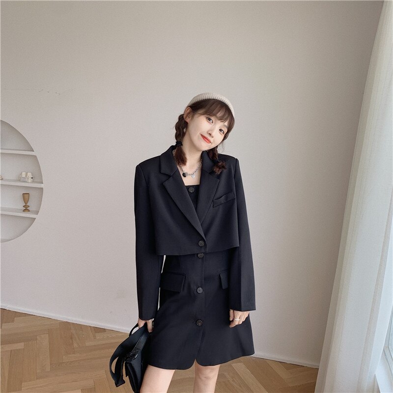 ¡Novedad de ! Conjunto de traje informal vintage para mujer, trajes cortos, abrigo y vestido de tirantes finos, trajes de botón de a la para mujer