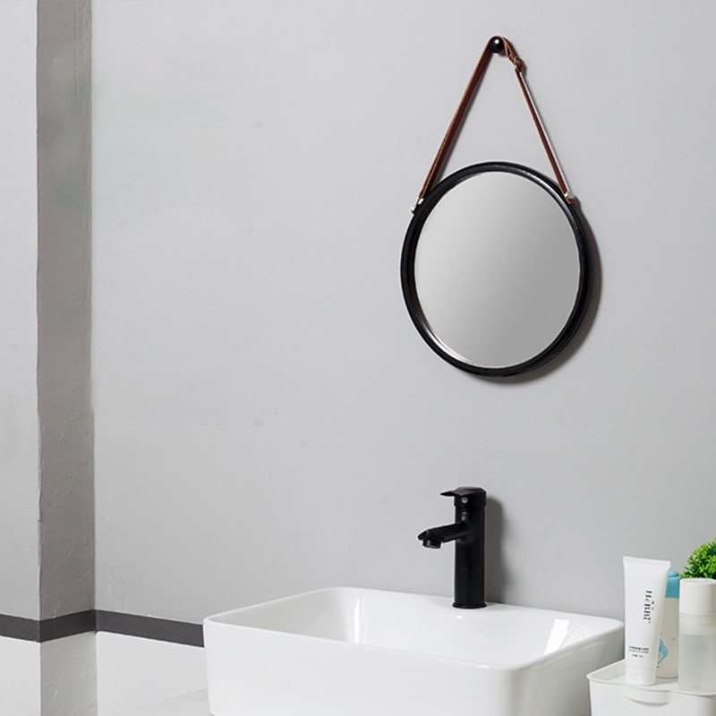 Espejo de pared redondo colgante para baño, marco de bambú sólido y correa de cuero ajustable, decoración de dormitorio, espejo redondo de maquillaje
