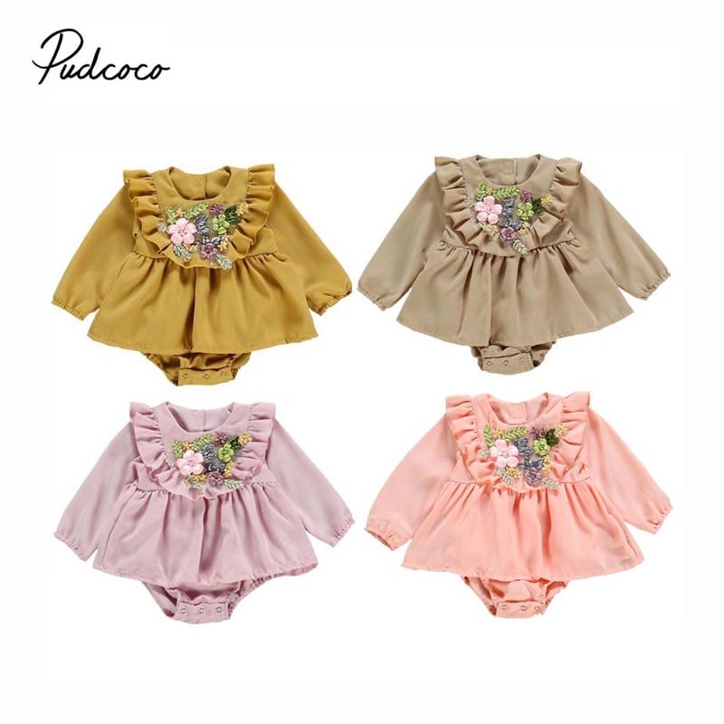Baby lente herfst kleding kinderen baby meisjes kleding ruches 3d bloemen lange mouwen romper ruches jurk jumpsuit outfits
