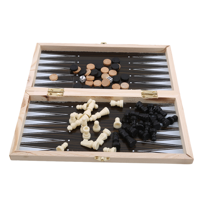 3 in 1 Chess Board International Chess Set Portable Wooden Chessboard Travel Board Games Backgammon Checkers Pieces