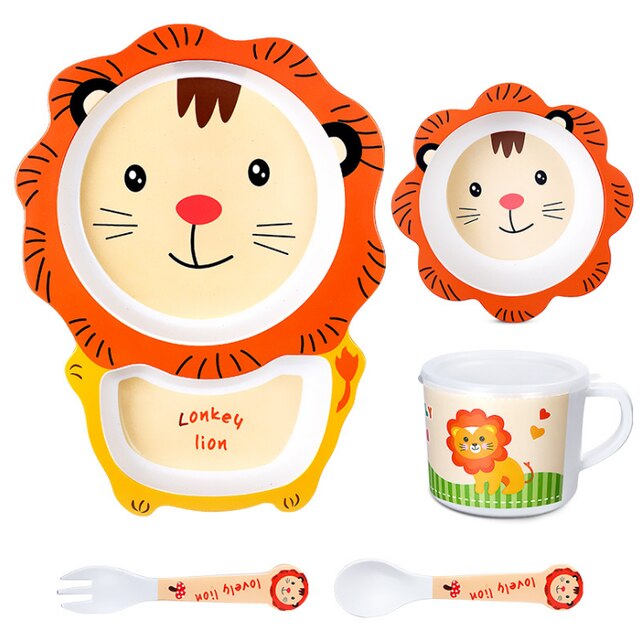 5 unids/set bebé plato niños de dibujos animados de alimentación platos niños Natural de fibra de bambú de vajilla con tazón tenedor Copa cuchara de placa: lion