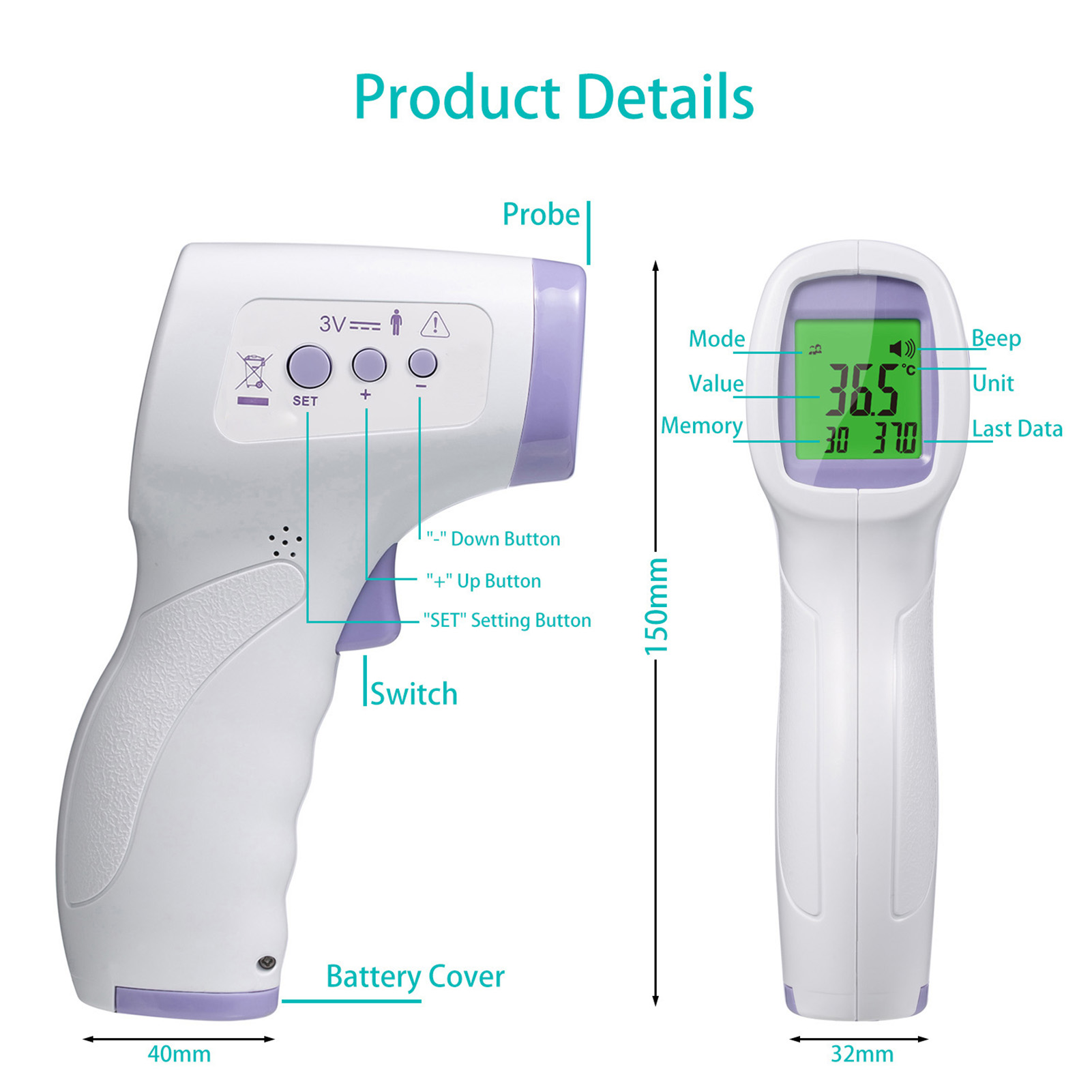 10 Stuks Voorhoofd Thermometer Non-Contact Infrarood Lichaamstemperatuur Meting Kleur Backlight Thermometer