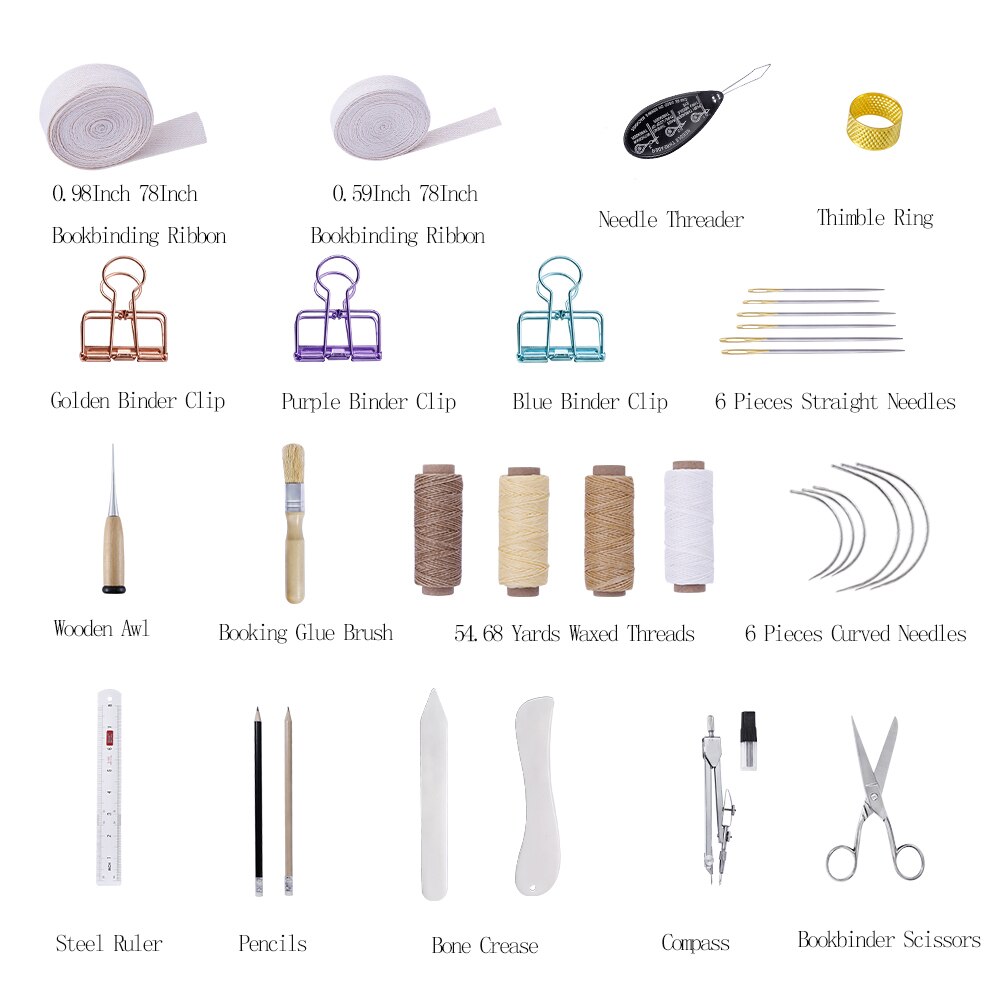 LMDZ 32Pcs Hand Bookbinding Tools Kit Edged Scoring Folder Sewing Thread Ruler Needles Tool Set for Bookbinding Bone Folder Set