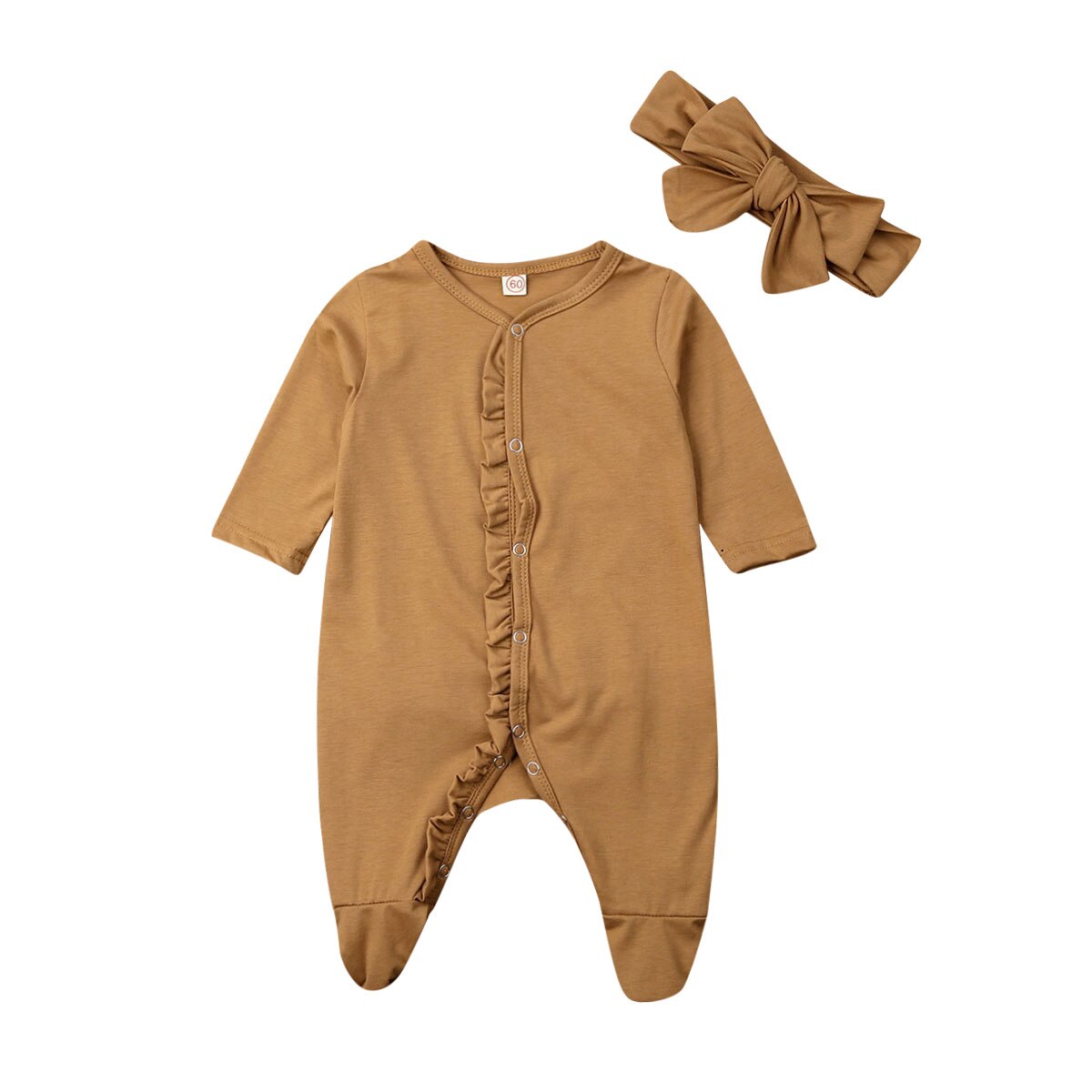 Neugeborenen Baby Baumwolle Footies Romper Kopfschmuck Langarm Rüschen Solide Overall Baby Jungen Mädchen Kleidung 0-12M: YELLOW / 6m