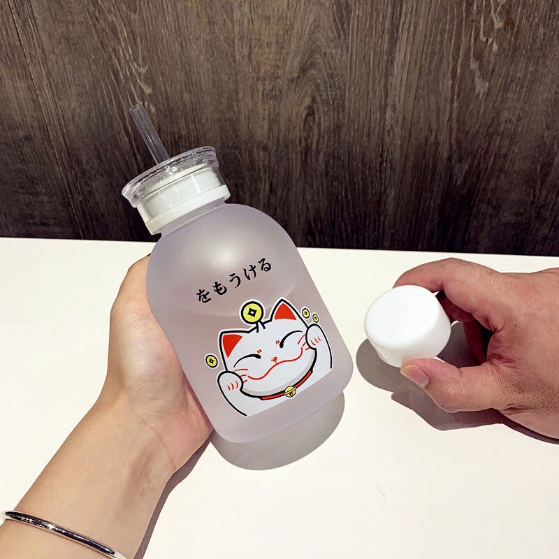 500ml chat chanceux bouteille en plastique sans BPA dessin animé Transparent/givré bouteilles d'eau étanche Drinkware mignon étudiant tasse: 3