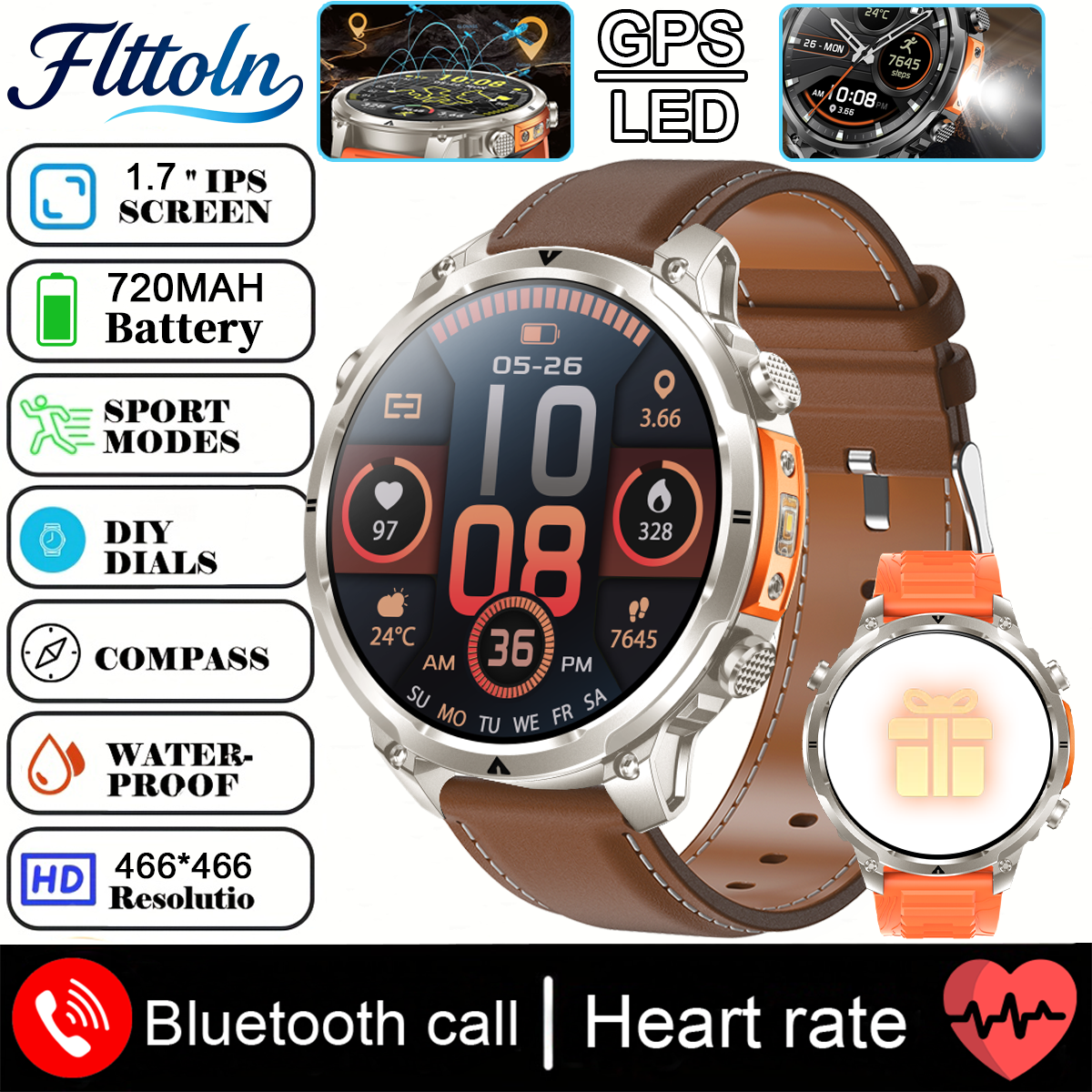 2025 Nuovo Militare GPS Astuto Della Vigilanza 3ATM Impermeabile 650mAh Batteria BT Chiamata Frequenza Cardiaca Pressione Sanguigna Sport tracker Smartwatch Da Uomo: Argento