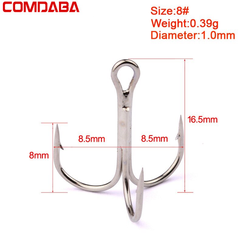 COMDABA 50 unids/lote 1 anzuelo de pesca de acero rico en carbono, anzuelos triples, aparejos de pesca de Color blanco/2/4/6/8/10 # anzuelos de pesca: 35647PS 8