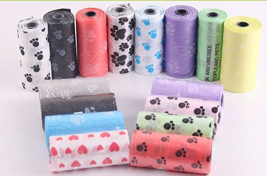 Hond kak tas Pet Supply 5 Rolls/2 Rolls Afdrukken Kat Hond Kak Tas Outdoor Huis Schoon Refill Vuilnis tas: With footprints / 5 roll Random color