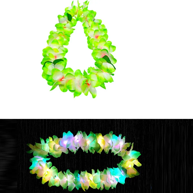 10pcs LED Light Up Flashing Hawaiian Leis Hula Dance Garland Artificial Flowers Neck Loop Necklace Glow Party Supplies Christmas: army green