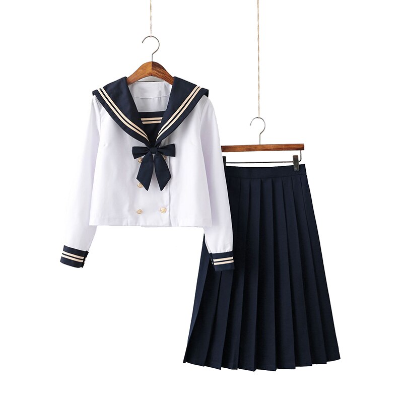 Double-breasted Summer White Navy Sailor Suit Tops Skirts Women JK High School Uniform Class Uniform Students Cloth