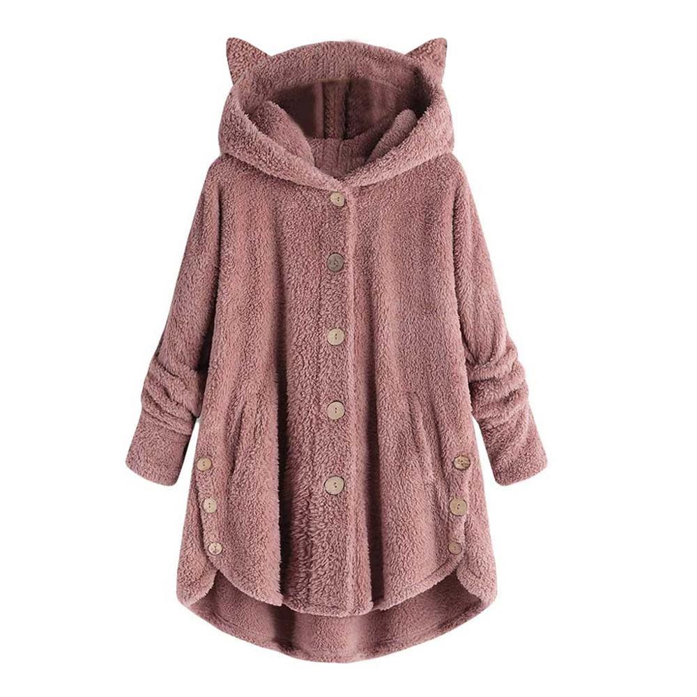 Wol Blend Vrouwen Knop Kat Oor Jas Pluizige Turn-down Kraag Uitloper Jacket Casual Tops Hooded Trui Losse trui #45: Roze / 5XL