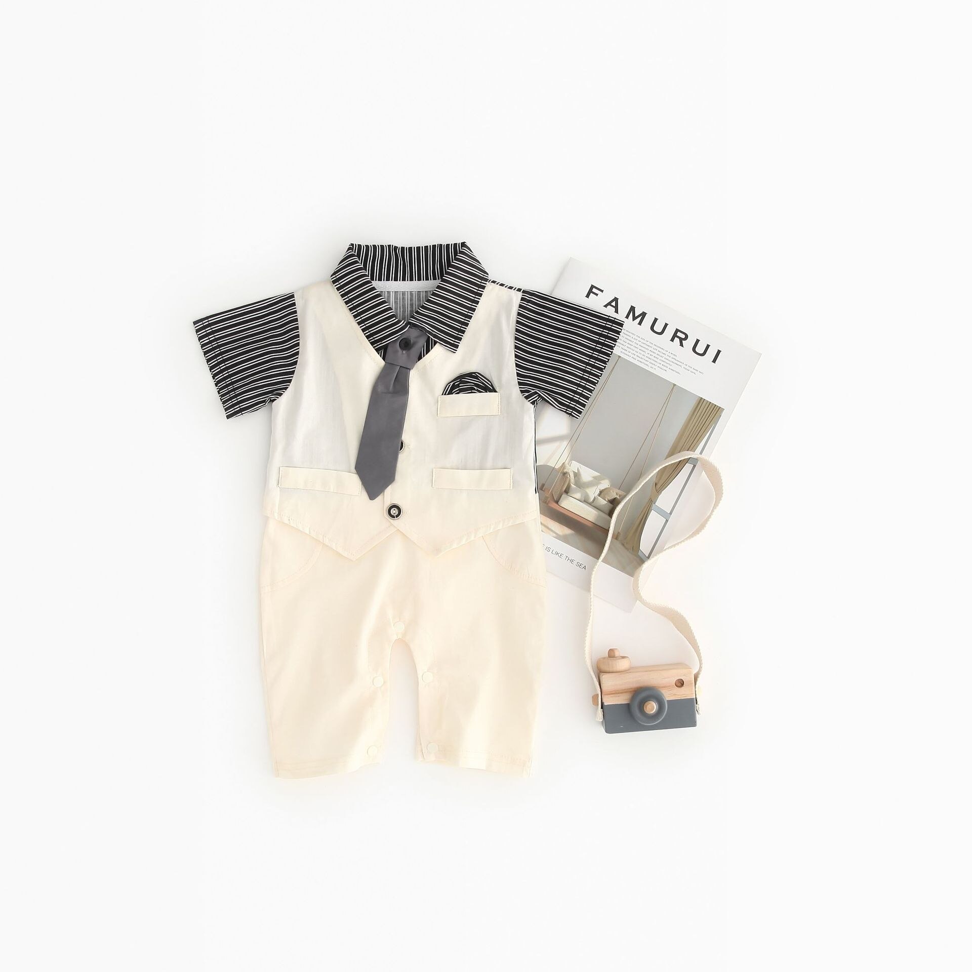 Kids Jongens Gentleman Outfit Past 0-18M Baby Een Stuk Korte Mouw Baby Tie Gestreepte Formele Slijtage bruiloft Baby Boy Romper Oneise: Cream / 12m