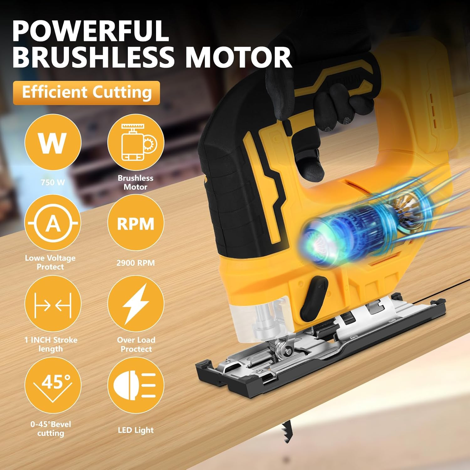 Beveled Cuts Cordless Jigsaw Tool Brushless Motor 2900RPM 45 Degree LED Light 4 Curve Cuttings for Dewalt 18V/20V Max Battery