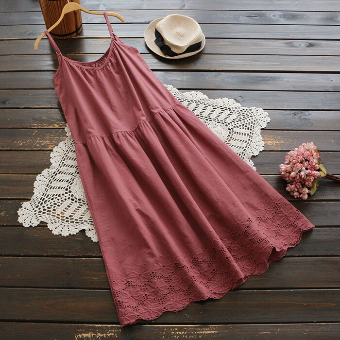 Large size summer women's sweet solid color flower embroidery round neck suspender underskirt mid length cotton fairy slip dress: Fuchsia