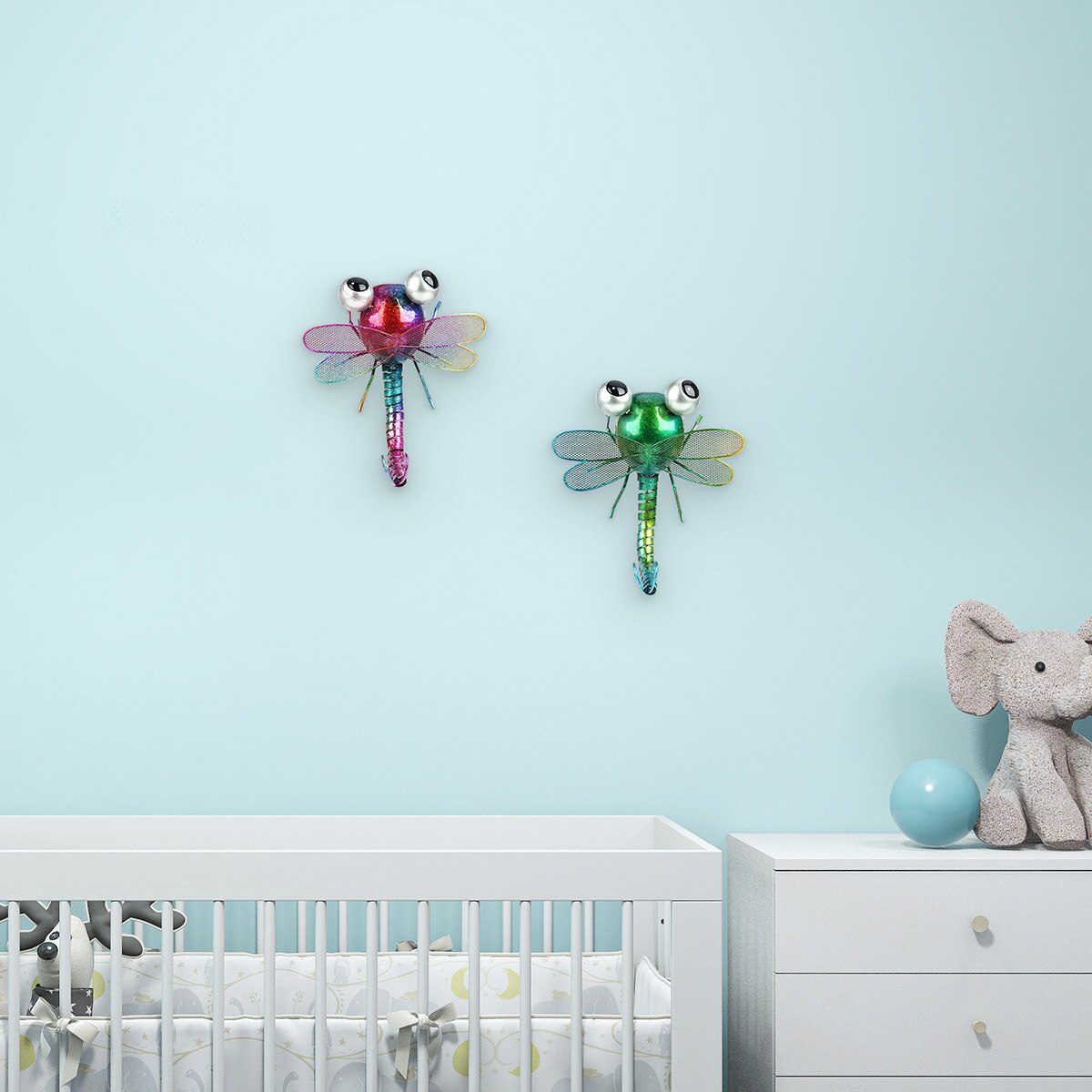 Tooarts-Decoración de pared de libélula, Decoración de mesa de dibujos animados de hierro para jardín o habitación de niños, estilo Natural verde