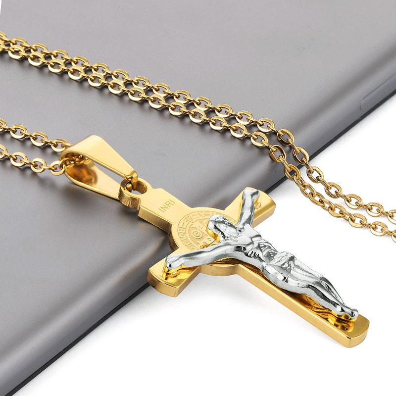 Vintage croix INRI jésus croix Crucifix pendentif et colliers hommes Christian lien chaîne bijoux de or argent couleur collier