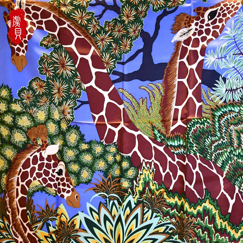 Pañuelo de seda impreso con jirafa para mujer, en azul o naranja, 100% seda auténtica, suave, de gran , cuadrado, chal de para mujer