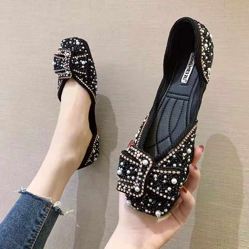 Women Ballet Flats 2022 Bling Crystal Diamond Dress Ladies Bow Sequins Single Shoes Rhinestone Glitter Square Toe Plus Size 43: black / 36