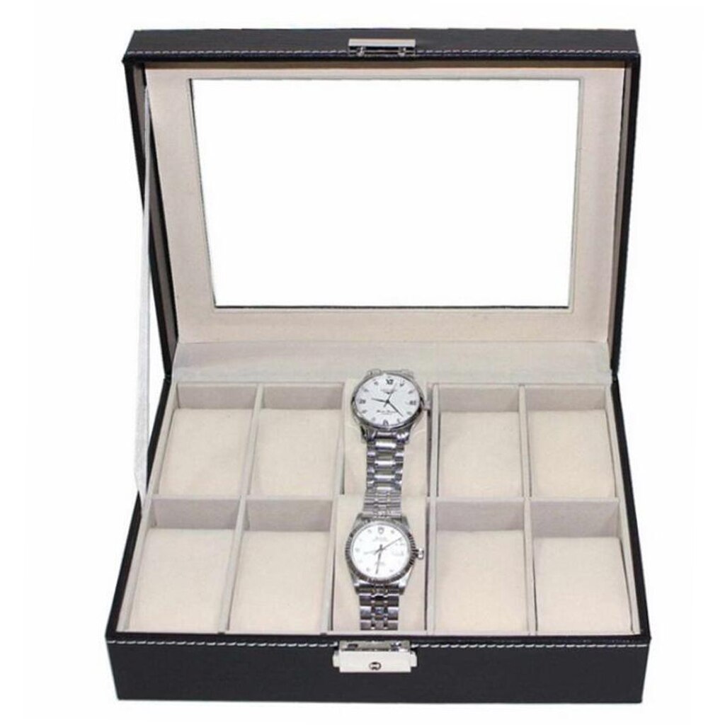 10 Slot Lederen Horloge Doos Glas Top Horloge Sieraden Display Case Organizer Business Horloge Organizer Met Afneembare Kussen