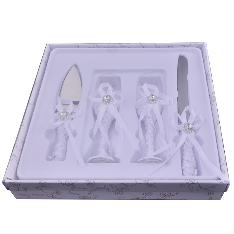 Couteau de service pour gâteau de mariage, ensemble de 4 pièces, manche de nœud de ruban, flûtes à Champagne décorées en diamant, coupe-gâteau, pelle, de fête
