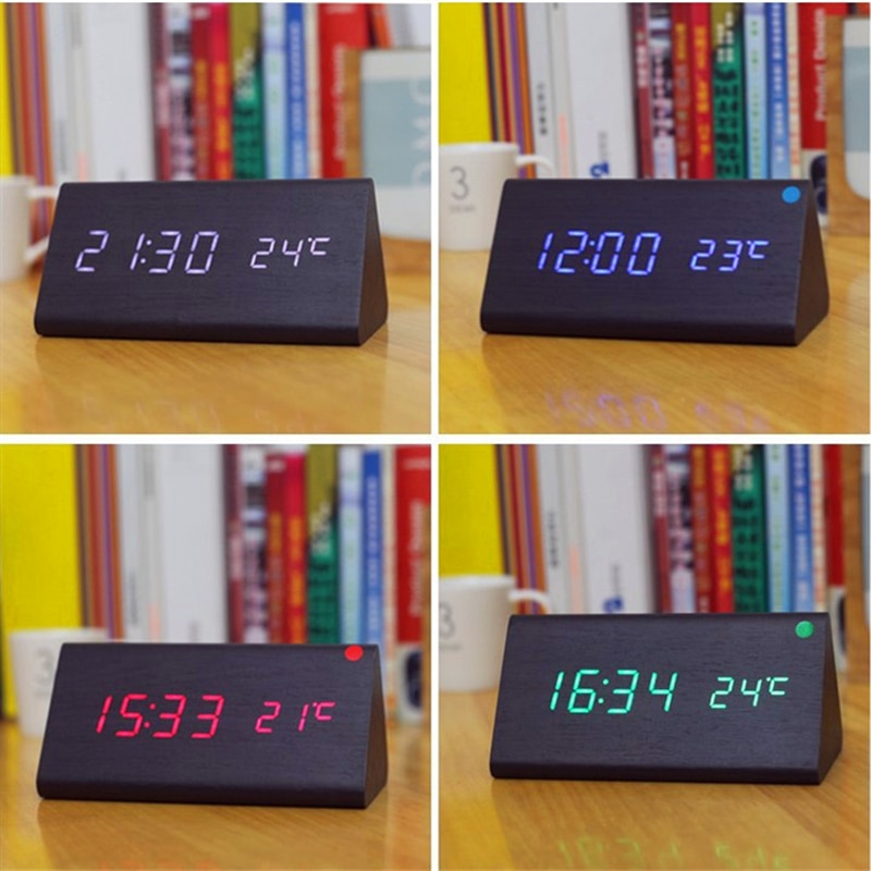 triangular wooden clock,sound control,thermometer,4 color LED display,digital desktop bedroom alarm clock on desk