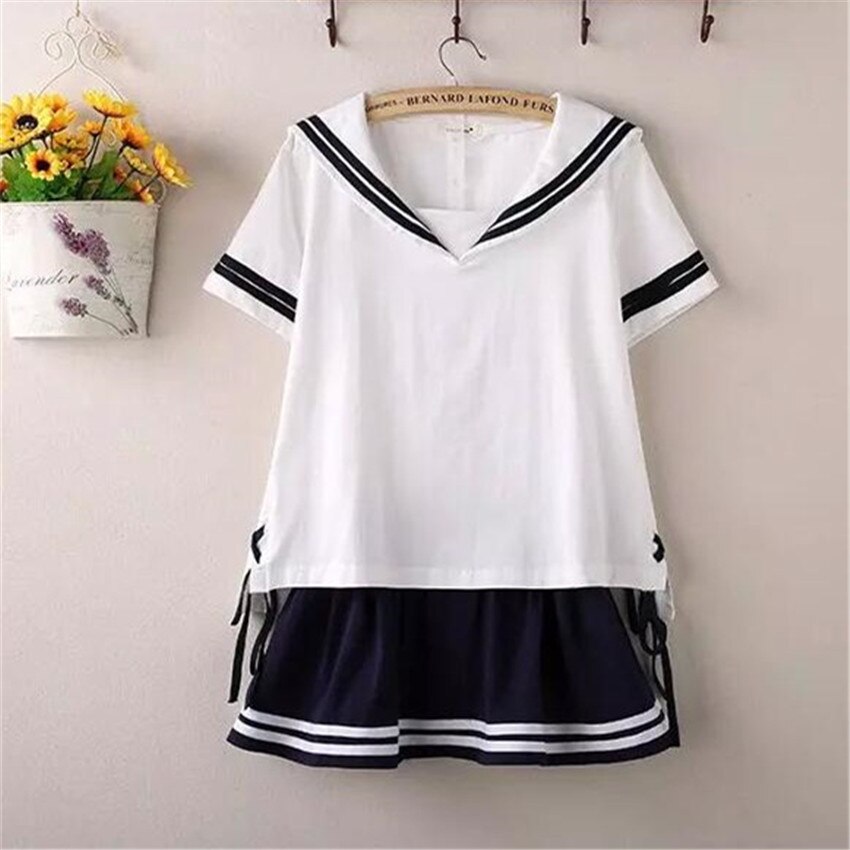 Sailor Suit Lady Pleated School Sleeved Japanese School Uniform Korean School Uniform Dolly Skirt: White   blue / L