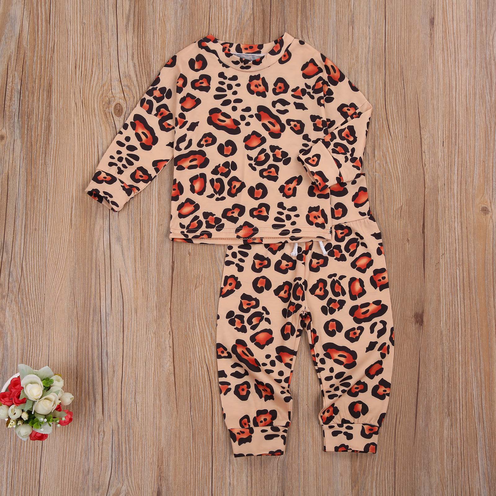 Nyfødte spædbarn baby piger drenge pyjamasæt leopard langærmet nattøj efterår fjedre blødt søvn sæt