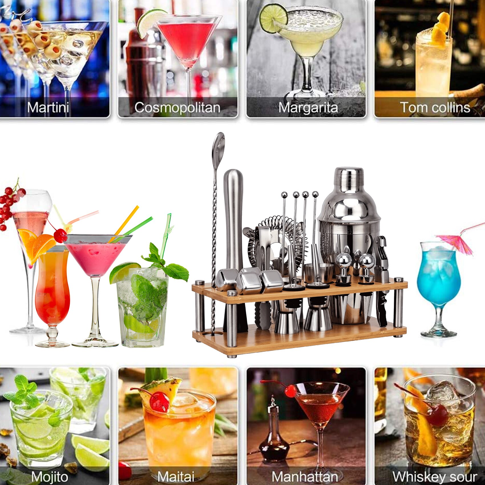 21-Piece Cocktail Shaker Set,Bartender Kit With Bamboo Stand Detachable, Party Home Bar Tools Stainless Steel ,Perfect