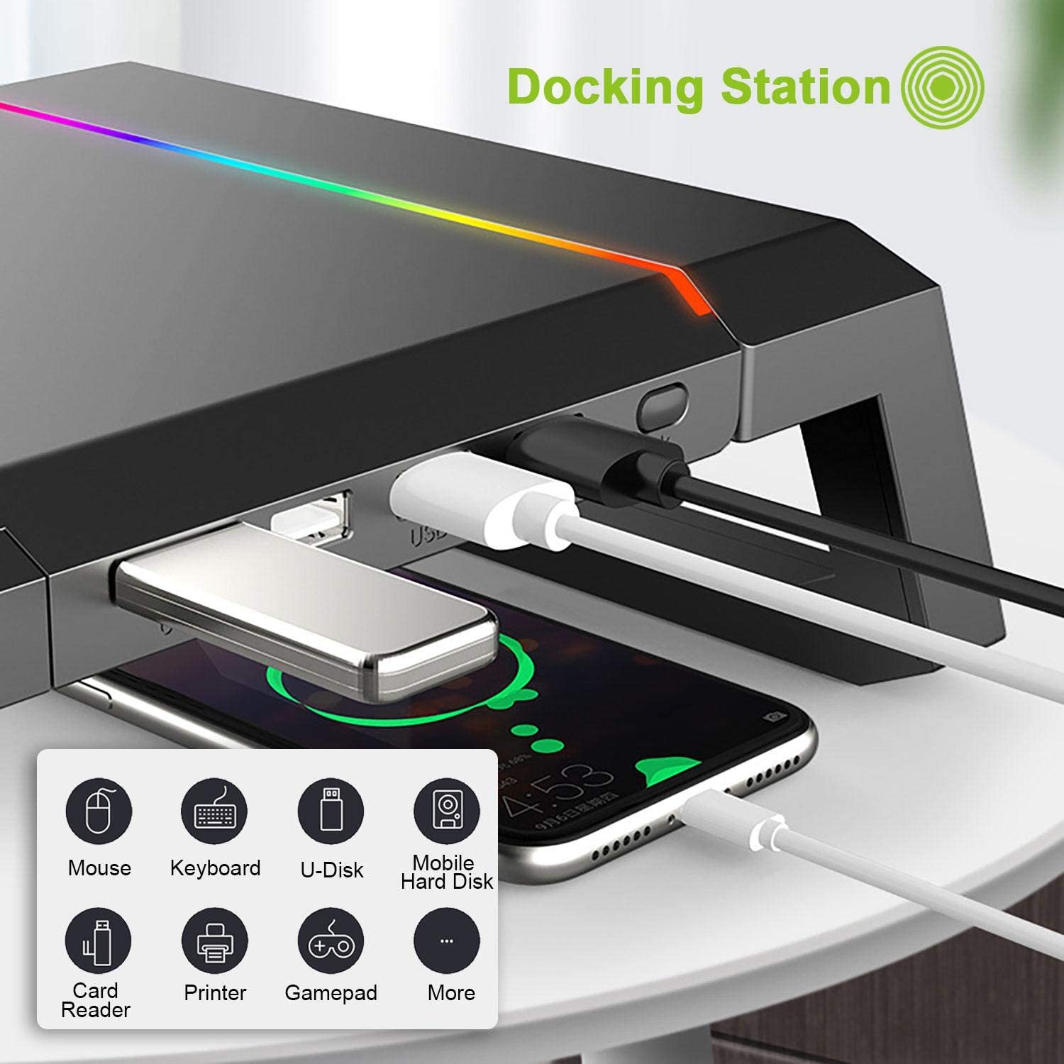 Monitor Stand Riser Foldable, RGB Computer Monitor Riser with 4Pcs USB Port, with Cell Phone Holder