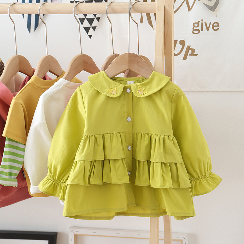 Shirt Spring Baby Girls Pure Color Cotton Blouse Lnfant Crown Pattern Embroidery Round Collar Cute Comfortable Full Sleeve: green / 100