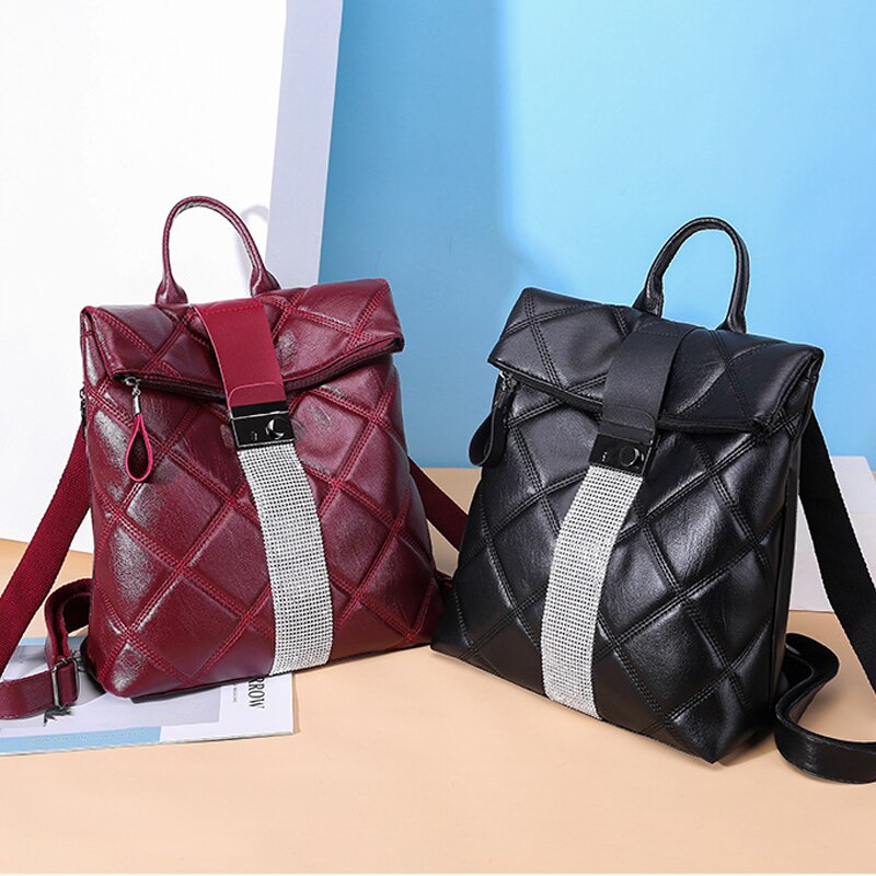Multifunction Backpack Women Plaid Leather Backpack Lady Small Travel Backpack Bookbag for Girls Sac A Doc