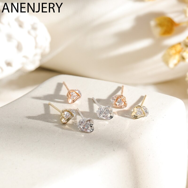 ANENJERY Zarte Kleine 6-stück Ohrringe einstellen Gold Silber Farbe Zirkon Liebe Herz Ohrringe Für Frauen Freund S-E1223