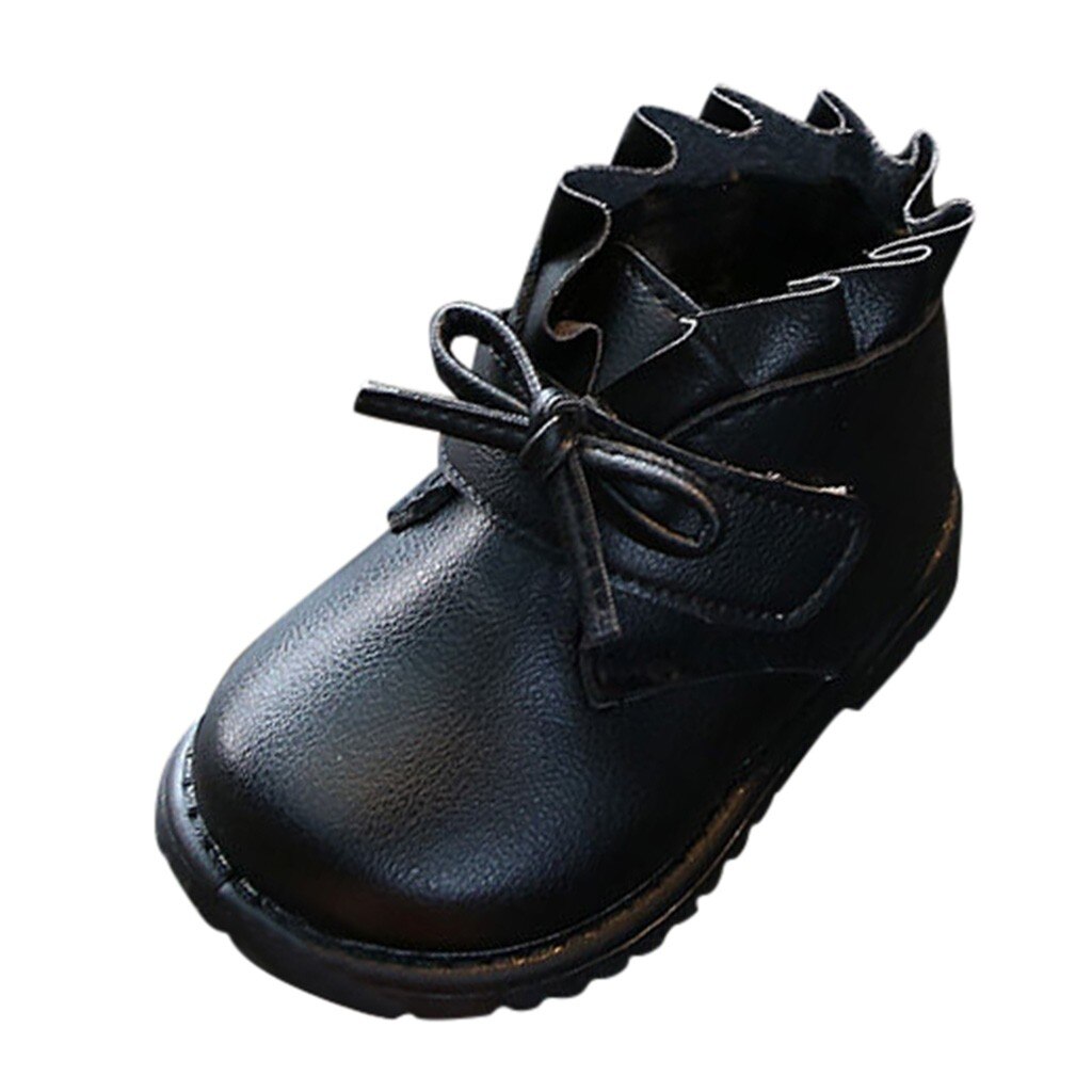 Botas de neve para meninas, botas de couro com babado, laço, cores sólidas, quentes, espessamento, para o inverno, botas de princesas: Black / 6.5