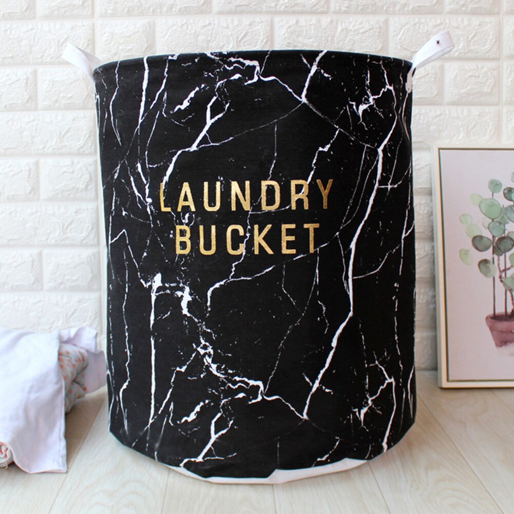 With Handle Home Washing Clothes Storage Lightweight Foldable Portable Large Capacity Cotton Linen Marbling Laundry Basket: Black
